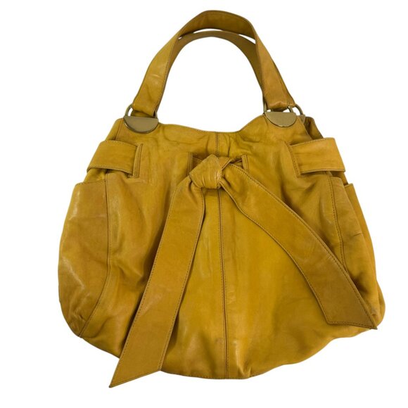 Kooba Vintage Mustard Yellow Leather Tote Bag with Bow Detail & Gold Hardware - Picture 1 of 13
